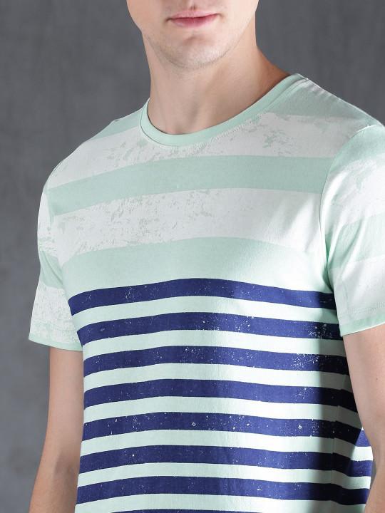 Men Sea Green & Navy Striped T-shirt