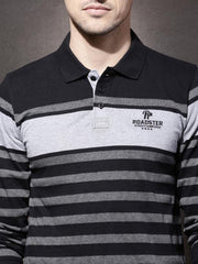 Men Black & Grey Melange Striped Polo Collar T-shirt