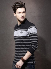 Men Black & Grey Melange Striped Polo Collar T-shirt