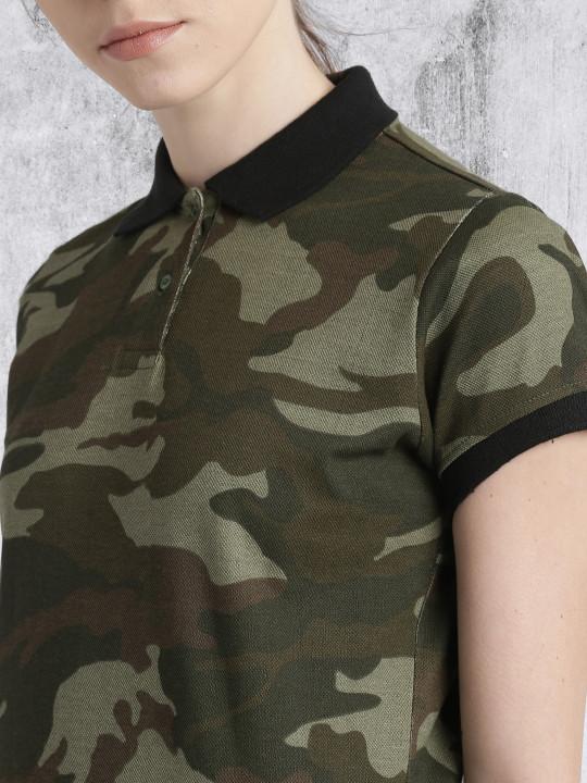 Women Olive Green & Brown Printed Polo Collar T-shirt