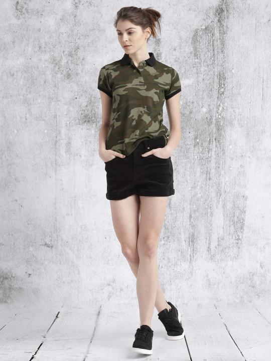 Women Olive Green & Brown Printed Polo Collar T-shirt