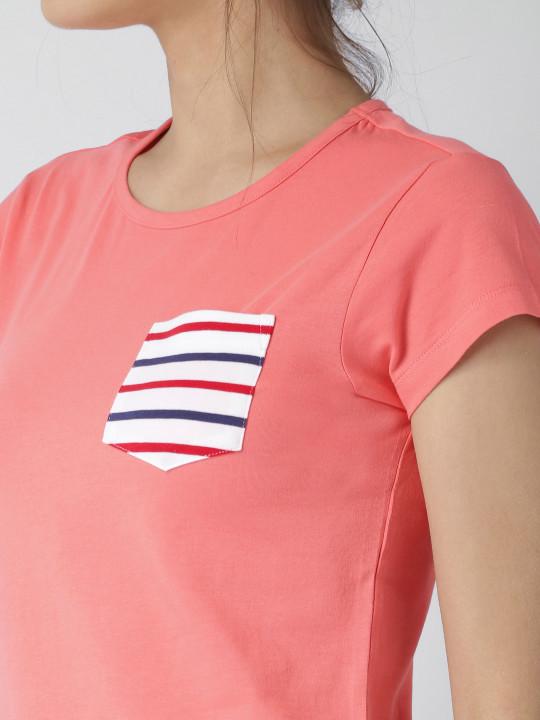 Women Peach Solid Round Neck T-shirt