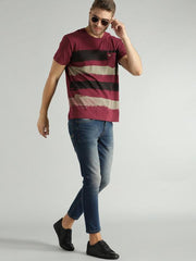 Men Maroon Striped T-shirt with Patch Pocket