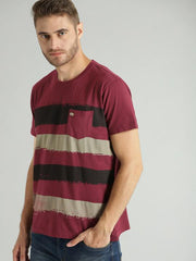 Men Maroon Striped T-shirt with Patch Pocket