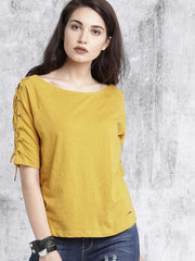 Women Mustard Yellow Solid Boat Neck T-shirt