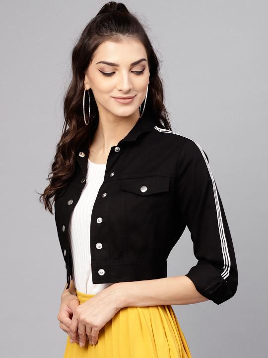 Women Black Solid Cropped Tailored Jacket