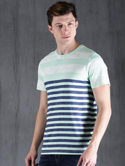 Men Sea Green & Navy Striped T-shirt
