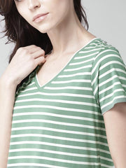 Women Green & White Striped V-Neck T-shirt