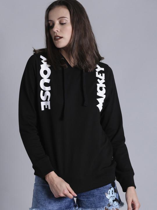 Women Black Printed Hooded Sweatshirt