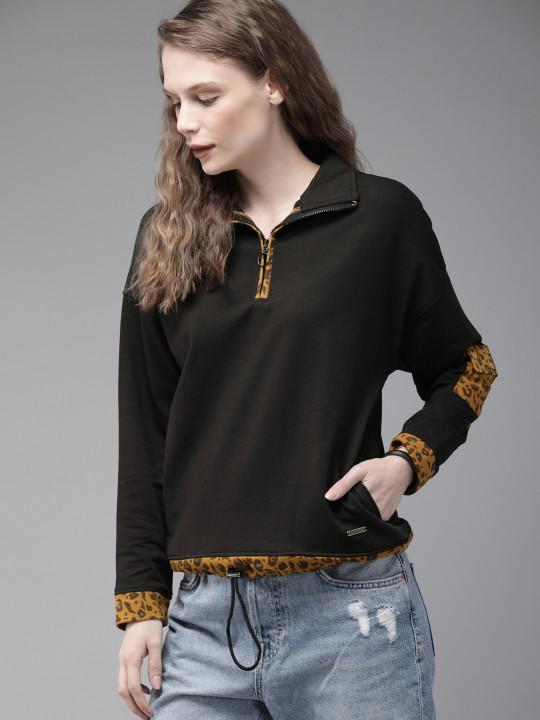 Women Black Solid Pullover Sweatshirt