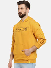 Men Mustard Yellow Printed Hooded Pullover Sweatshirt