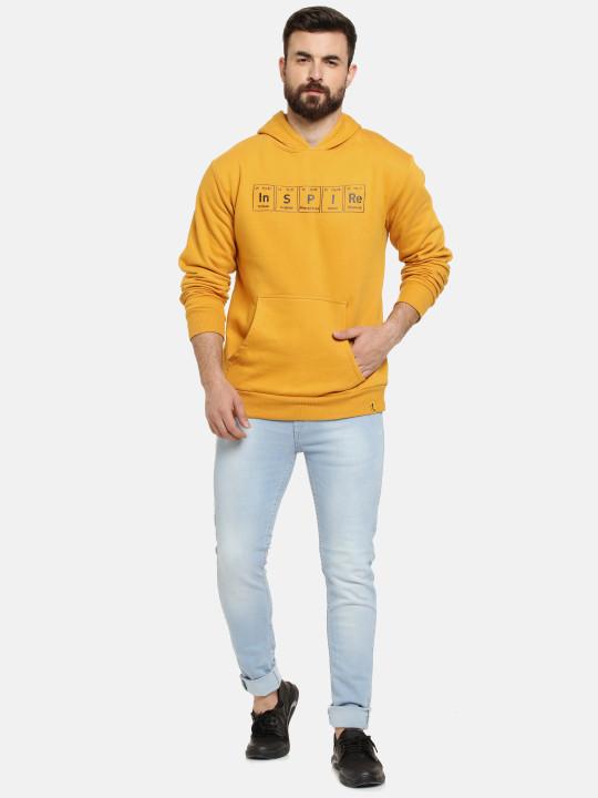 Men Mustard Yellow Printed Hooded Pullover Sweatshirt