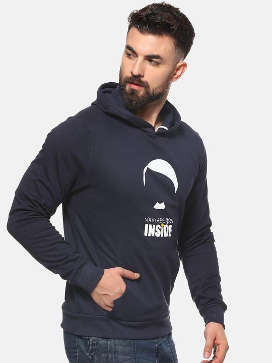 Men Navy Blue Printed Hooded Sweatshirt