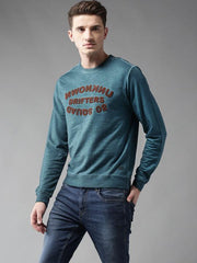 Men Teal Blue Dyed Self Design Sweatshirt