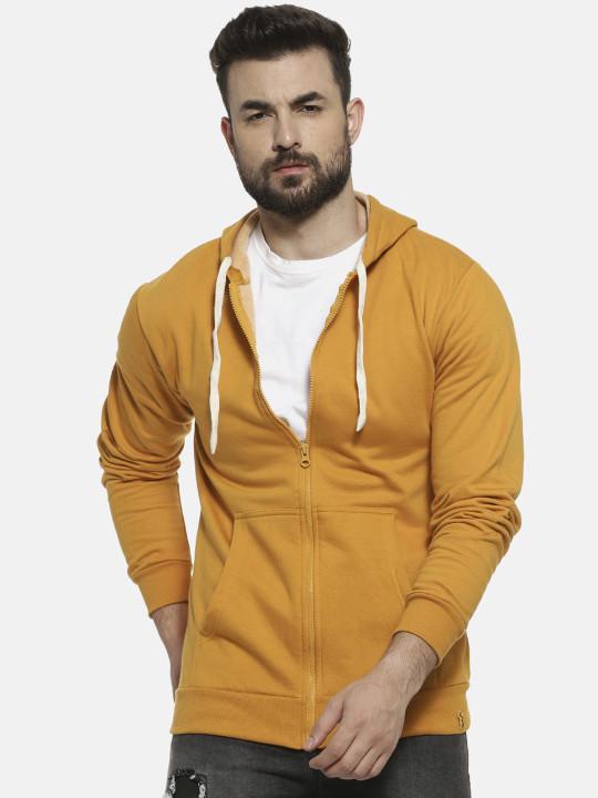 Men Yellow Solid Hooded Sweatshirt