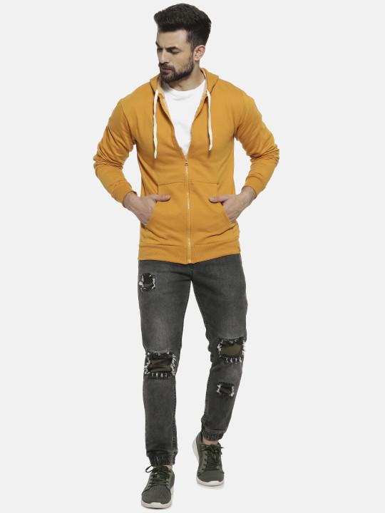 Men Yellow Solid Hooded Sweatshirt