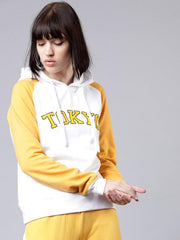 Women White & Mustard Solid Hooded Sweatshirt