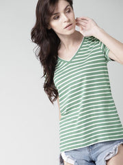 Women Green & White Striped V-Neck T-shirt