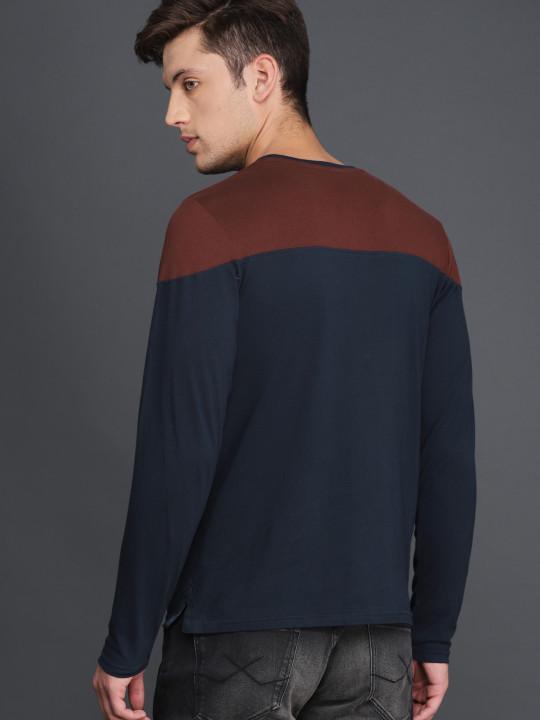 Men Navy Blue & Maroon Solid Round Neck T-shirt